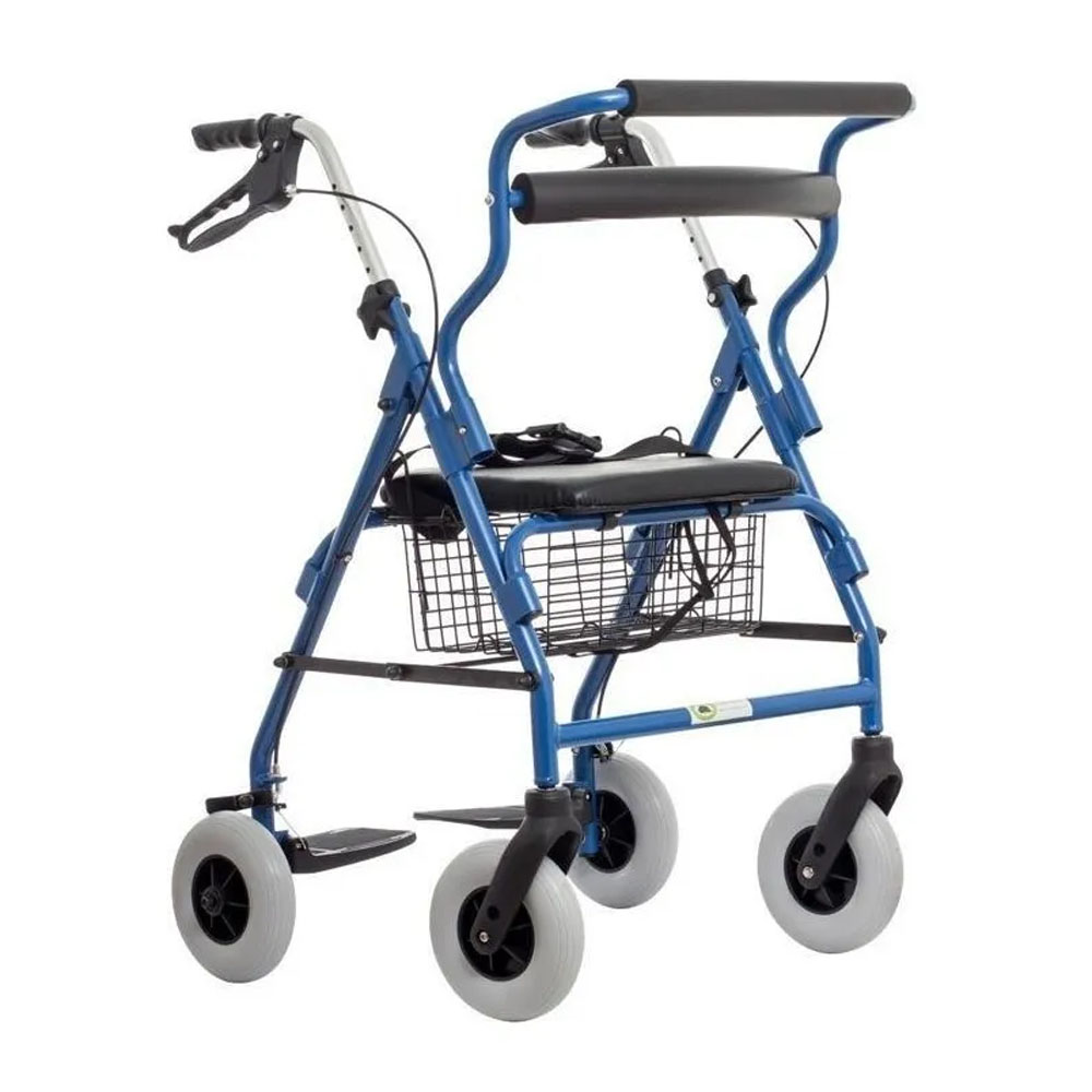 Andadera Rollator Híbrida de color azul con doble función silla de traslado y andadera con asiento y respaldo. Plegable,descansa pies, ruedas y canastilla.